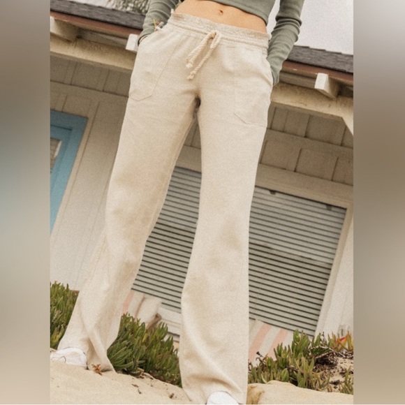 Roxy Oceanside Pants Khaki Beige Tan Loose Low Rise Cargo Linen Trouser Size XL - Picture 10 of 11